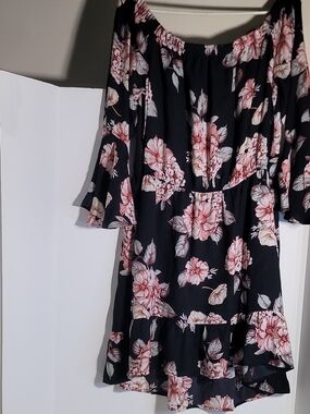 Xhilaration Black Off-Shoulder Midi Dress with Pink Floral Print